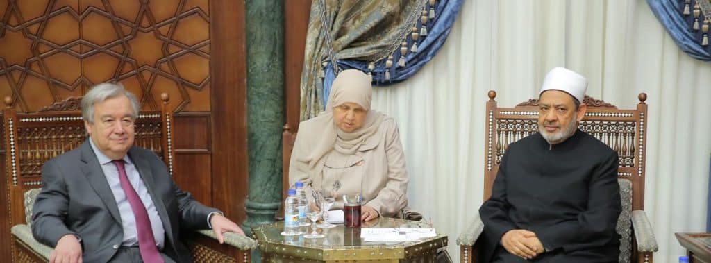 Secretary-General António Guterres meets with Grand Imam Ahmed El Tayeb at the Al Azhar Mosque in Cairo. Mr Guterres expressed his solidarity and underscored the need to fight the scourge of Islamophobia, as well as all forms of hatred and bigotry (2019). UN Photo/Mahmoud Abd ELLatiff