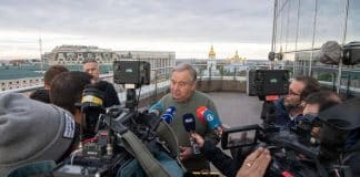 Secretary-General António Guterres (centre) is interviewed by Portuguese Media in Kyiv, Ukraine. © UN Photo/Eskinder Debebe