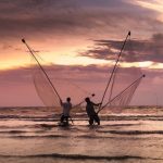 Two fishermen fish with nets on the beach