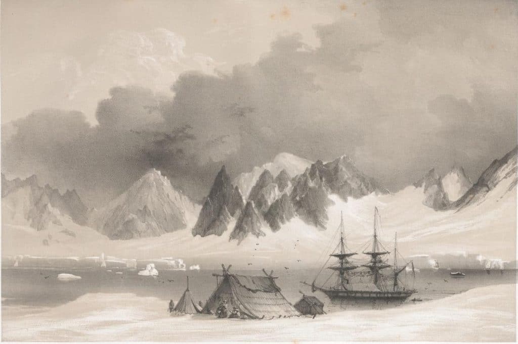 La Recherche and the expedition at Magdalena Bay. Litography by Barthélemy Lauvergne