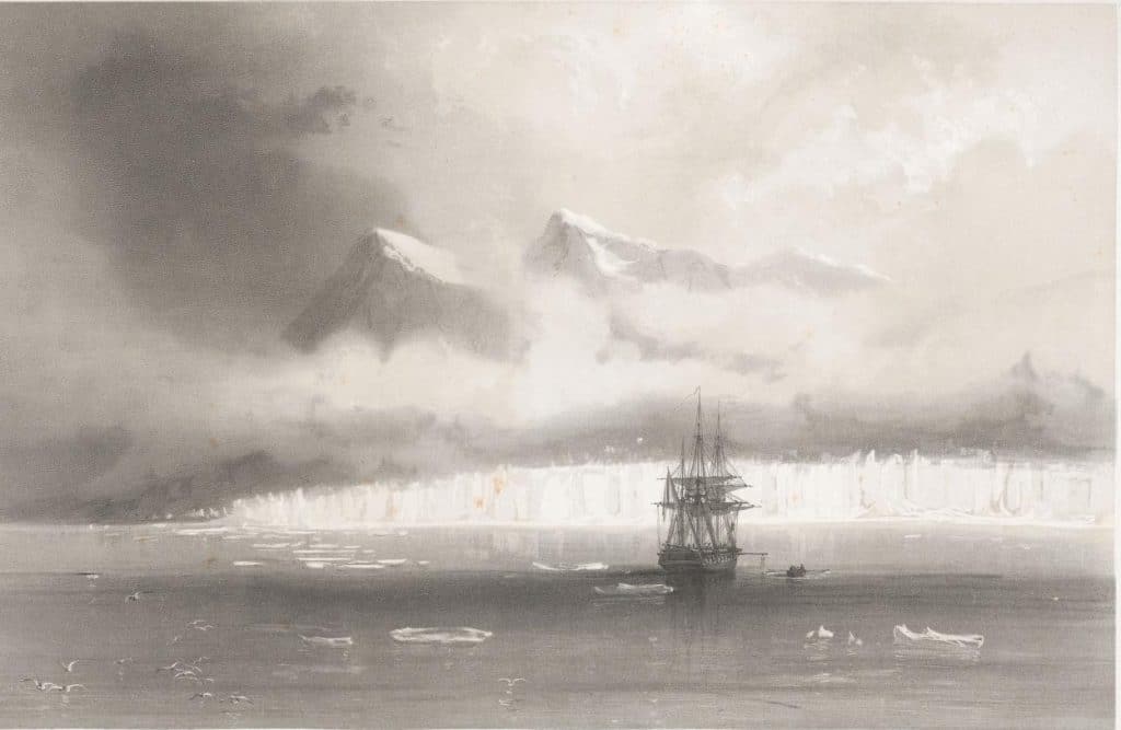 La Recherche, Bell Sound, Svalbard. A litography after the drawing of Auguste Mayer.