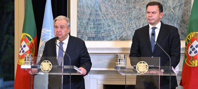 UN Photo/Carlos Porfírio Secretary-General António Guterres (left) and Prime Minister Luís Montenegro of Portugal speak to reporters following the conclusion of the 10th Global Forum of the United Nations Alliance of Civilizations.