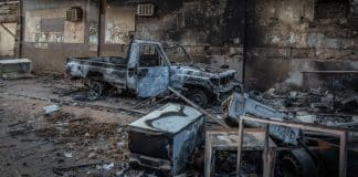Destroyed vehicles outside Fedal Hospital in Khartoum, Sudan.