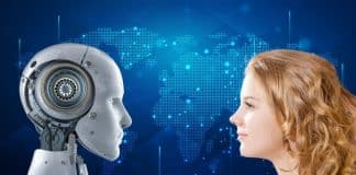 A woman facing a robot