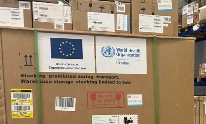 WHO/EU Aid boxes Ukraine. Photo © WHO