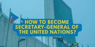 UN Building with 'How to become Secretary-General of the United Nations' written over it