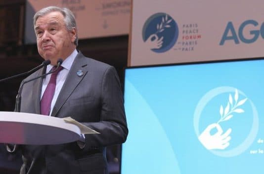 Secretary-General António Guterres delivering remarks at the Paris Peace Forum in Paris, France