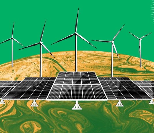 Dessin de la Terre, avec panneaux solaires et éoliennes