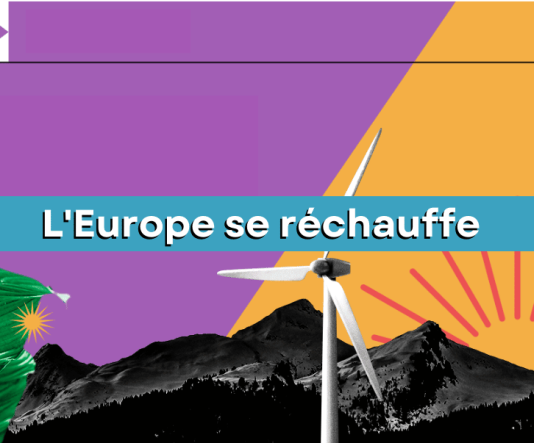 Climat : l’Europe se réchauffe bien plus vite que le reste du monde Illustration de montagnes, de plante, d'éolienne et de couché de soleil