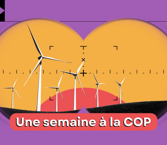 Dessin d'éolienne avec mention Une semaine à la COP27