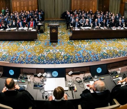 La Cour internationale de Justice à La Haye lors des audiences des 11 et 12 janvier 2024.