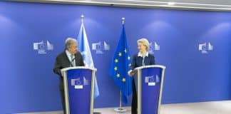 Point de presse d" António Guterres, Chef de l'ONU, et Ursula von der Leyen, présidente de l'UE en mars 2024.
