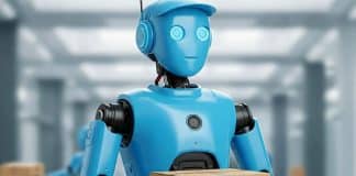 Image d'un robot bleu portant un colis pour illustrer les emplois qui pourraient être confiés à l'intelligence artificielle (IA)