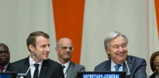 Emmanuel Macron, président français et António Guterres lors d'un sommet sur l'Education au siège des Nations Unies