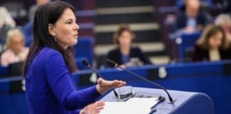 © European Union/Alexis Haulot UN General Assembly President Annalena Baerbock addresses the European Parliament in Strasbourg, France.