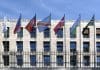 18 May 2021, Rome, Italy - Flags and building portrait, FAO HeadquarteRS