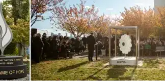 A sinistra: Kwibuka Flame of Hope in memoria del genocidio dei Tutsi del 1994. A destra: Denis Bećirović interviene alla cerimonia di inaugurazione del memoriale “Fiore di Srebrenica” dedicato alle vittime del genocidio del 1995.