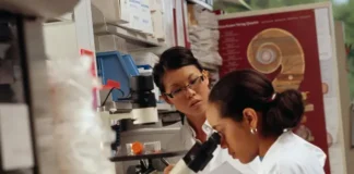 Una ricercatrice guarda attraverso un microscopio.