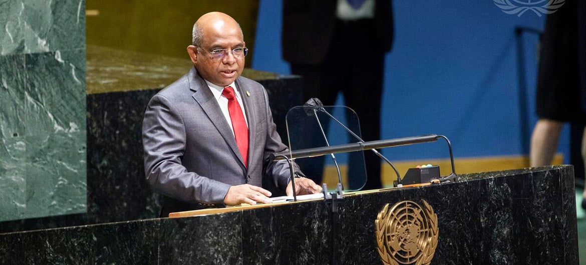 Abdulla Shahid durante discurso, após ser eleito presidente da 76ª sessão da Assembleia Geral