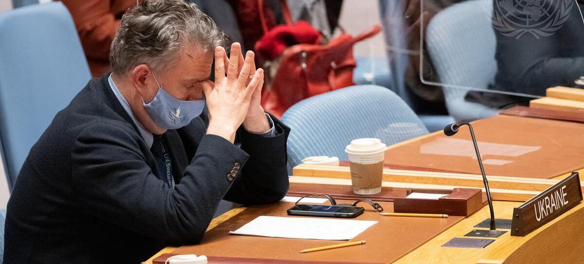 Embaixador da Ucrânia na ONU, Sergiy Kyslytsya, no Conselho de Segurança. 