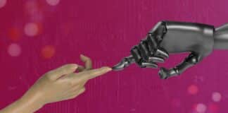 Ett finger från en robot och ett från en människohand